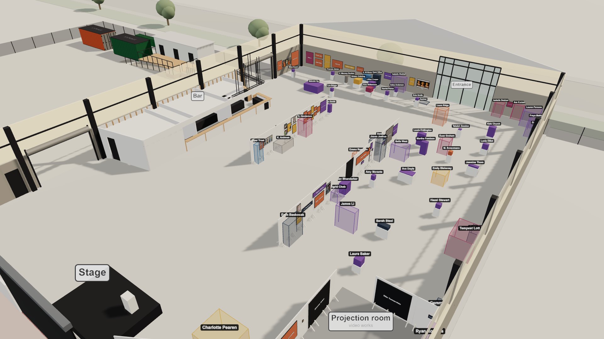 A 3D model of the Creative Generation 2026 exhibition in the Superordinary warehouse, seen from above with the roof off: works hung around the walls and along the two long freestanding walls, sculptures on plinths across the floor, the bar, the stage and the projection room.