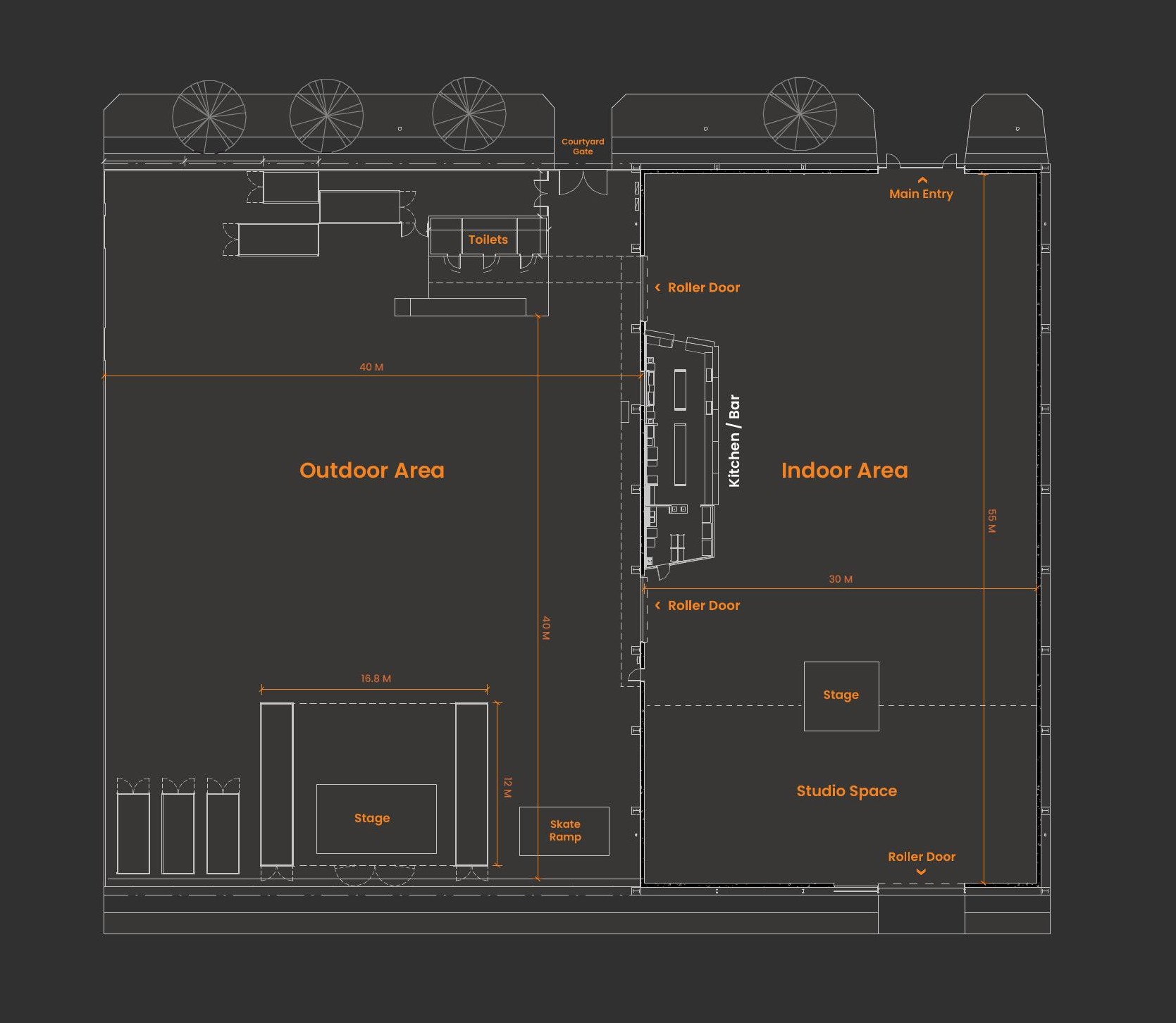 Superordinary floorplan — indoor warehouse beside the outdoor courtyard, showing stages, kitchen/bar, toilets, roller doors, courtyard gate and main entry