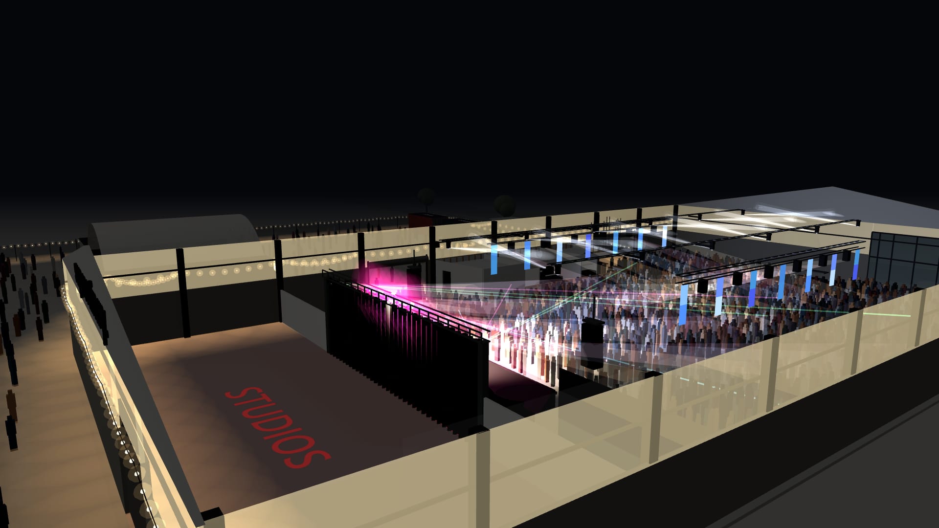 The Superordinary warehouse set up for a club show at night, seen from above with the roof removed — a full standing floor, beams and LED over the crowd, and the festoon-lit courtyard alongside.